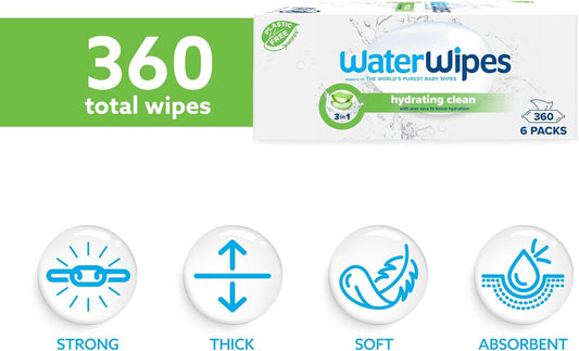 Waterwipes Hydrating Clean Baby Wipes, 360 Count (6 Packs), 99% Water-Based Wipes With Aloe Vera, Unscented, Packaging May Vary