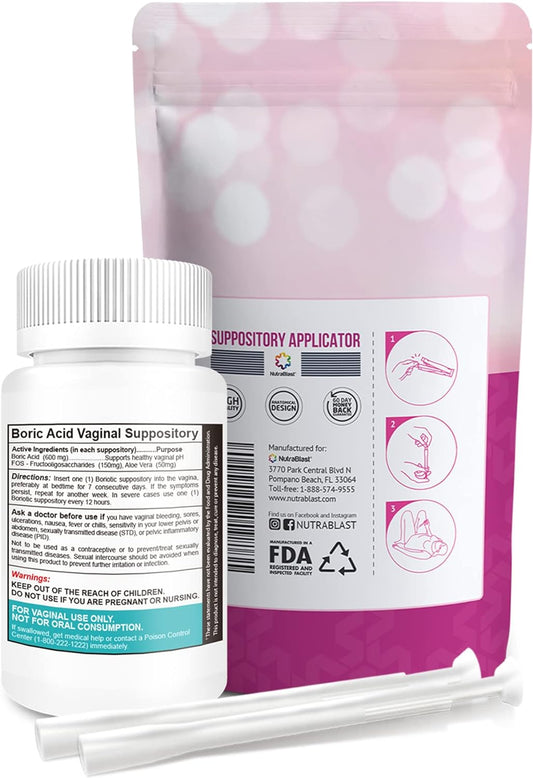 Nutrablast Boric Acid Vaginal Suppositories 800Mg Complex W/Fos Prebiotic Enhancer & Aloe Vera W/Vaginal Applicator, 30 Suppositories & 15 Applicators - Ph Balance, Feminine Care - Made In Usa