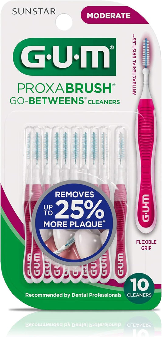Gum Proxabrush Go-Betweens - Moderate - Interdental Brushes - Soft Bristled Dental Picks For Plaque Removal & Gum Health - Safe For Braces & Dental Devices, 10 Count