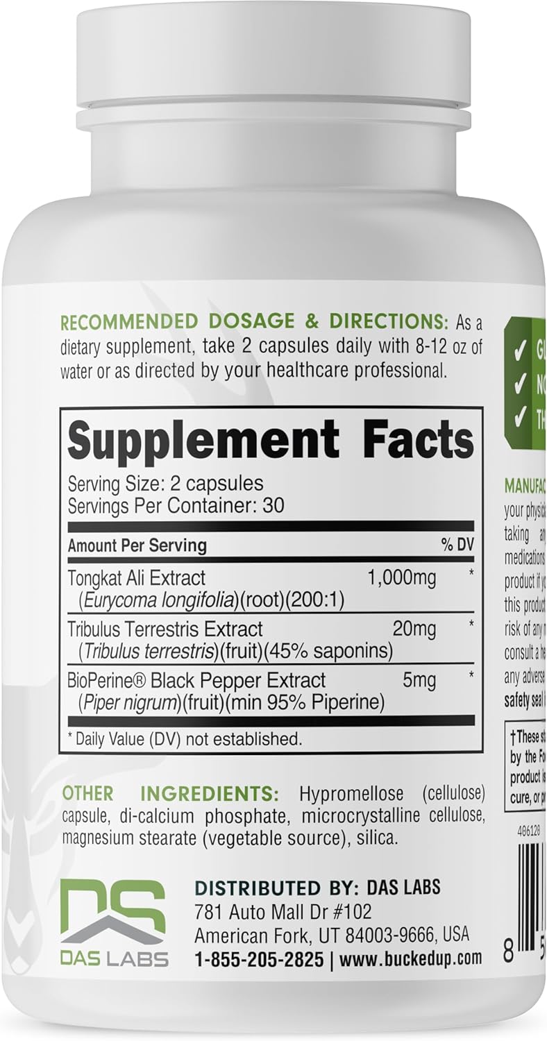 Bucked Up Tongkat Ali - 1000mg Per Serving, Tribulus Terrestris Extract & BioPerine Black Pepper Extract Essentials (30 Servings, 60 Capsules) : Health & Household