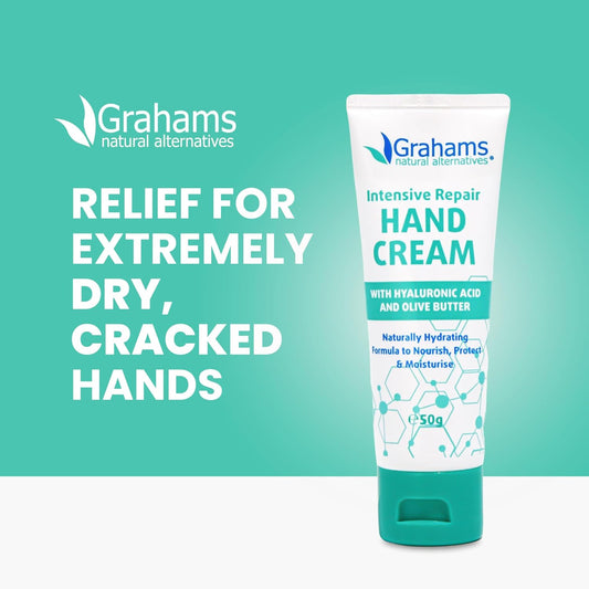 Grahams Natural Intensive Hand Repair Cream - Hand Cream For Very Dry, Cracked, Eczema Prone Skin - Itch Relief & Cracked Finger Tip Repair - With Hyaluronic Acid, Olive Butter & Vitamin E (50G)