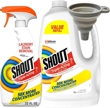 'Shout Advanced Stain Remover Bundle. 'Shout Spray 22 Fl Oz & 'Shout Refill 60 Fl Oz. Includes Bonus Puredealus Silicone Foldable Funnel For Easy Refilling. 3 Piece Set