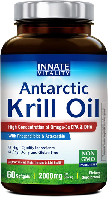 Innate Vitality Antarctic Krill Oil 2000Mg 60 Softgels, Omega 3S, Dha, Epa & Astaxanthin, Phospholipids, Brain, Concentration, Heart, Bone, Immune Health, Superior Absorption Vs Fish Oil, No Fish Burp