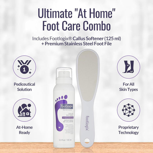 Footlogix Foot Care Callus Softener Combo - Callus Remover Spray & Double-Sided Foot File For Dry, Cracked Heels, Pedicure Tools For Feet, Foot Exfoliator