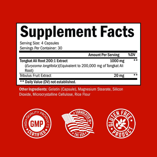 Tongkat Ali For Men 1020Mg (120 Capsules) 200 To 1 Tongkat Ali Extract (Eurycoma Longifolia) With Tribulus Terrestris For Natural Men'S Health Support (Gluten Free And Non Gmo) Full 30 Day Supply