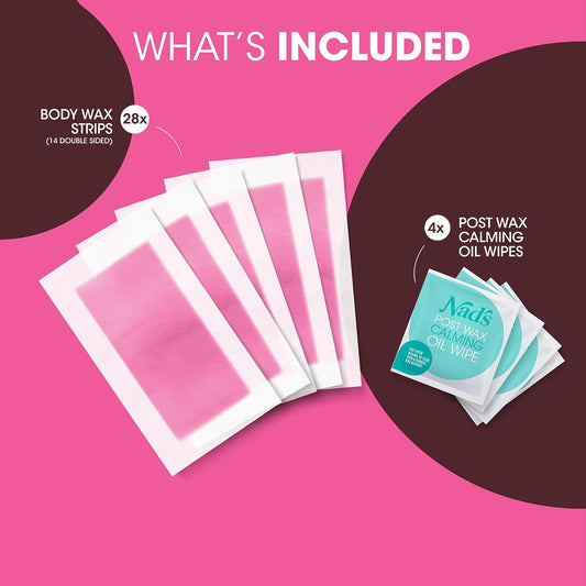 NadāS Body Wax Strips For Sensitive Skin, Hair Removal For Sensitive Skin, Hypoallergenic, Includes 28 Waxing Strips & 2 Post Wax Calming Oil Wipes