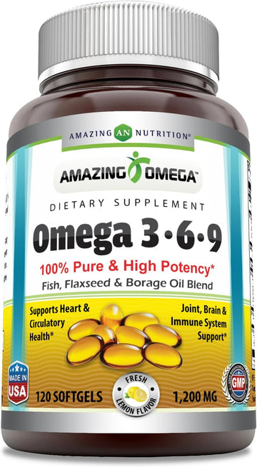 Amazing Omega 3.6.9 Supplement | 1200 Mg Per Serving | 120 Softgels | Lemon Flavor | Non-Gmo | Gluten-Free | Made In Usa