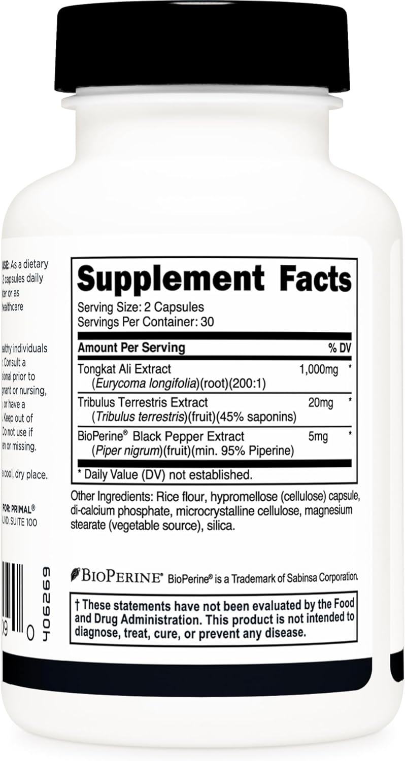 Primal Tongkat Ali Capsules (60 Capsules / 30 Servings, 1,000 mg Per Serving) | Modernized Traditional Energy and Performance Support for Men - Gluten Free, Non-GMO Herbal Nutritional Supplement : Health & Household
