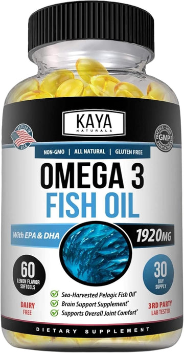 Kaya Naturals Omega 3 Supplement - Nature Made Omega 3 Fish Oil - 100% Pure Sea-Harvested Pelagic Fish Oil With No Fishy Aftertaste - 60 Count Softgels