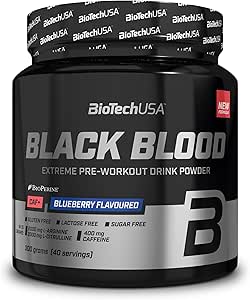 Biotechusa Black Blood Caf+ | Preworkout Drink Powder | 12 Active Ingredients | 200Mg Caffeine Per Serving | Sugar, Lactose, And Gluten-Free, 300 G, Blueberry