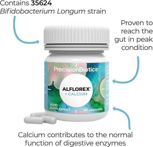 Alflorex + Calcium 12 Week Plan - Daily Gut Health Probiotics Supplement With Unique Bifidobacterium Longum Bacteria Strain 35624 + Calcium - Bacterial Cultures - 90 Capsules