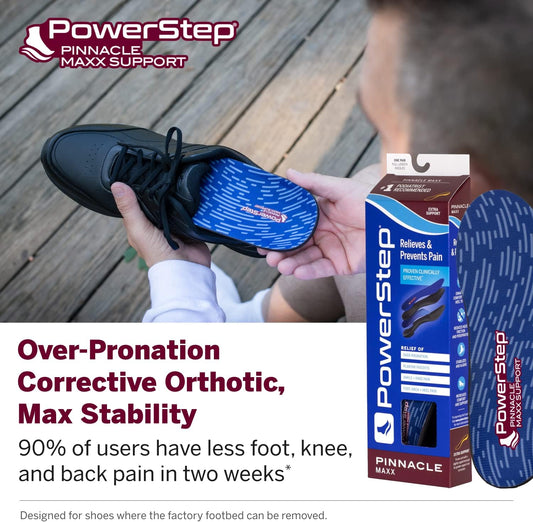 Powerstep Pinnacle Maxx Orthotic Insoles - Orthotics For Overpronation With Maximum Stability & Comfort - Firm + Flexible Angled Heel Style To Help Flat Feet - Heavy Duty Inserts
