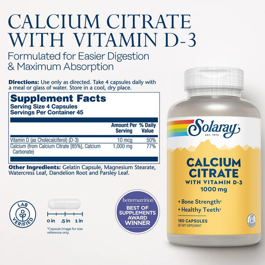 Solaray Calcium Citrate With Vitamin D3 1000Mg - Bone Strength And Healthy Teeth Support - Gentle Digestion Formula - Lab Verified, 60-Day Guarantee - 30 Servings, 180 Capsules