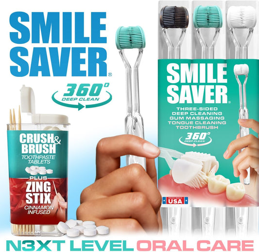 Smile Saver 360° Deep Clean 3-Sided Toothbrush 3Pk + Toothpaste Tablets + Flavor Infused Toothpicks | Deep Cleaning + Gum Massage + Tongue Scraper (Black, Teal & White - Charcoal - Peppermint)