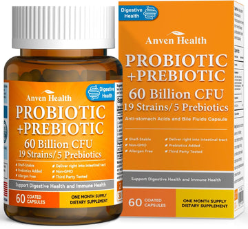 60 Billion Probiotics For Women And Men 19 Strains 5 Organic Prebiotics For Gut Digestive & Immune Health, Supports Diarrhea Gas Bloating, Vegan Probiotic Supplement Formula60 Caps