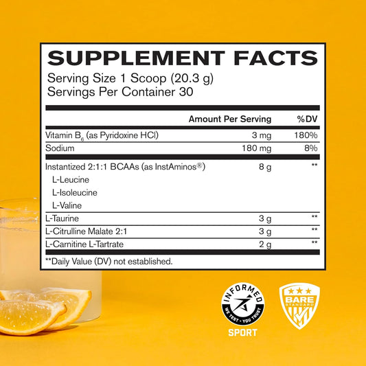 Bare Performance Nutrition Intra-Flight, Branch Chain Amino Acids, Ultimate Endurance Supplement, Increase Endurance And Stamina, 2:1:1 Bcaa + Recovery (30 Servings, Lemonade)