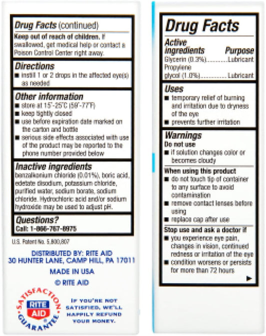 Rite Aid Artificial Tears, Polyethylene Glycol Lubricant Eye Drops - 1 Oz | Eye Lubricant Drops For Dry Eyes | Dry Eye Formula | Eye Care For Age-Related Dry Eyes | Replenishes Tears & Refreshes Eyes