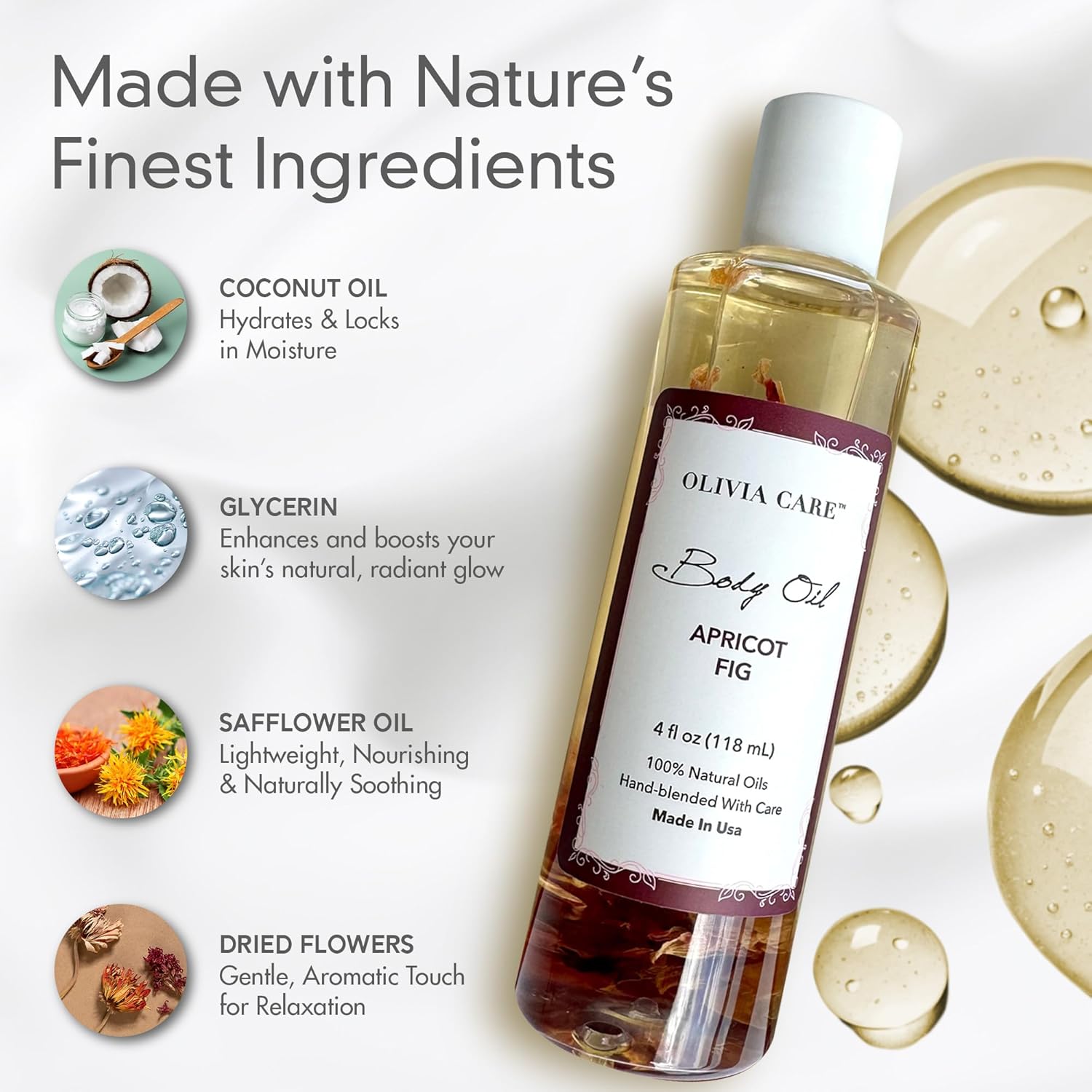 Olivia Care Body Oil Apricot Fig Vegan & Natural Moisturizing - Infused With Vitamin E, K & Omega Fatty Acids - Refreshing Fragrance - Reduce Dry Skin, Anti-Aging Properties (Apricot Fig) : Beauty & Personal Care