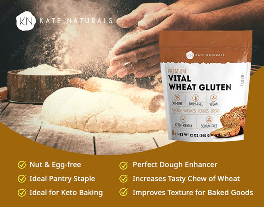 Kate Naturals Vital Wheat Gluten For Bread Making, Baking & Seitan (12Oz). Natural Powder For Bread Machine. Non-Gmo, High Protein Flour, Low Carb Bread For Vegan Gluten & Keto
