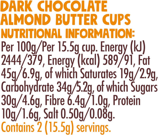 Pip & Nut - Dark Chocolate Almond Butter Cups (15 Pack - 2 Cups Per Pack) | Single Origin Chocolate, Real Almond Butter, Natural Nut Butter, No Palm Oil, Vegan, Gluten Free