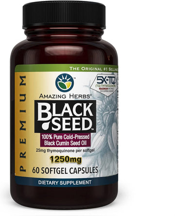 Amazing Herbs Premium Black Seed Oil Capsules - High Potency, Cold Pressed Nigella Sativa Aids In Digestive Health, Immune Support & Brain Function - 60 Count, 1250Mg