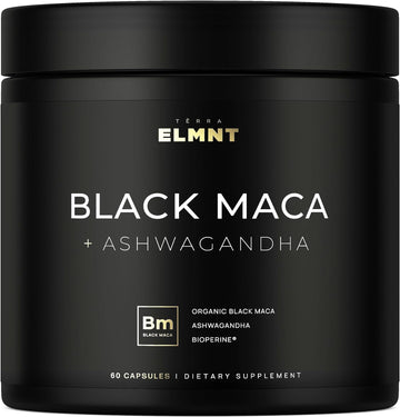 Elmnt 40,000Mg 40X Strength Organic Black Maca Root With Ashwagandha - Highest Potency Black Maca Root Capsules For Men - 100% Pure Maca Peruana Powder Organic, Gelatinized, Non-Gmo - 60 Pills