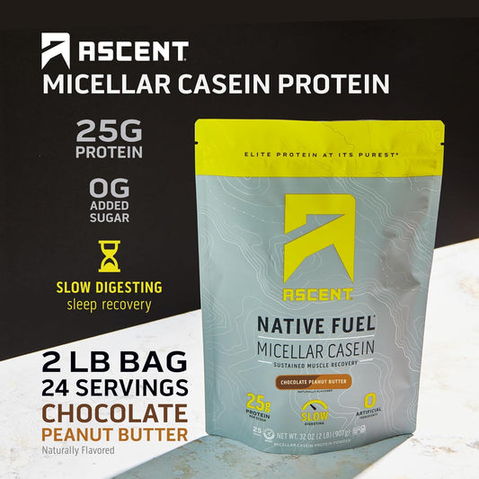 Ascent Casein Protein Powder - 25G Micellar Casein Powder With Zero Artificial Flavors & Sweeteners, Gluten Free, No Added Sugar, 4.9G Bcaa, 2.2G Leucine - Chocolate Peanut Butter, 2 Pounds