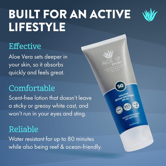 Aloe Up Sport Sunscreen Lotion Spf 50 - Broad Spectrum Uva/Uvb Sunscreen Protector For Face And Body - With Hydrating Aloe Vera Gel - Non-Greasy - No White Cast - Reef Safe - Fragrance-Free - 6 Oz