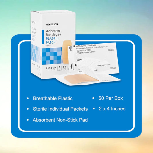 Mckesson Adhesive Bandages, Sterile Plastic Patch Rectangle, Tan, 2 In X 4 In, 50 Count, 1 Pack
