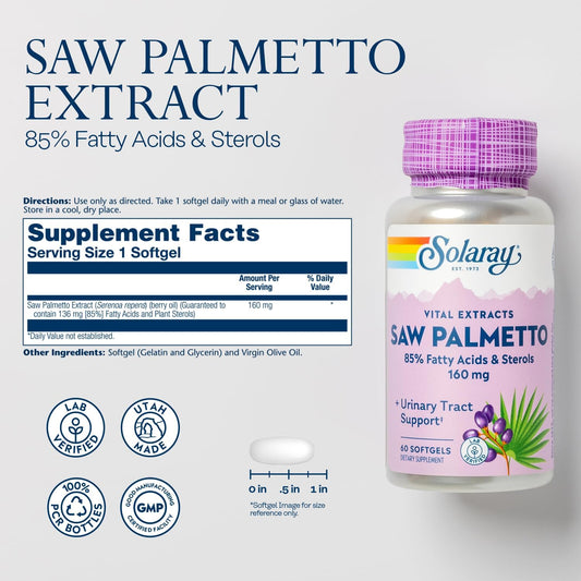 Solaray Saw Palmetto Extract - Prostate Health And Urinary Tract Support - 136 Mg Fatty Acids And Sterols - Lab Verified, 60-Day Money-Back Guarantee (60 Servings, 60 Softgels)