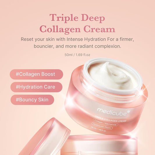 Medicube Triple Collagen Cream - Hydrating & Firming Moisturizer With Hyaluronic Acid, Premium Elastin, Shea Butter - Wrinkle Care & Boosts Elasticity - Korean Skincare, 1.69 Oz
