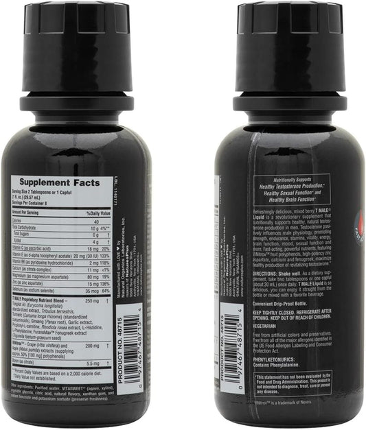 Natures Plus T Male Liquid - 8 Fl Oz - Mixed Berry Flavor - Promotes Muscle Gain & Stamina - Vegetarian, Gluten Free - 8 Servings