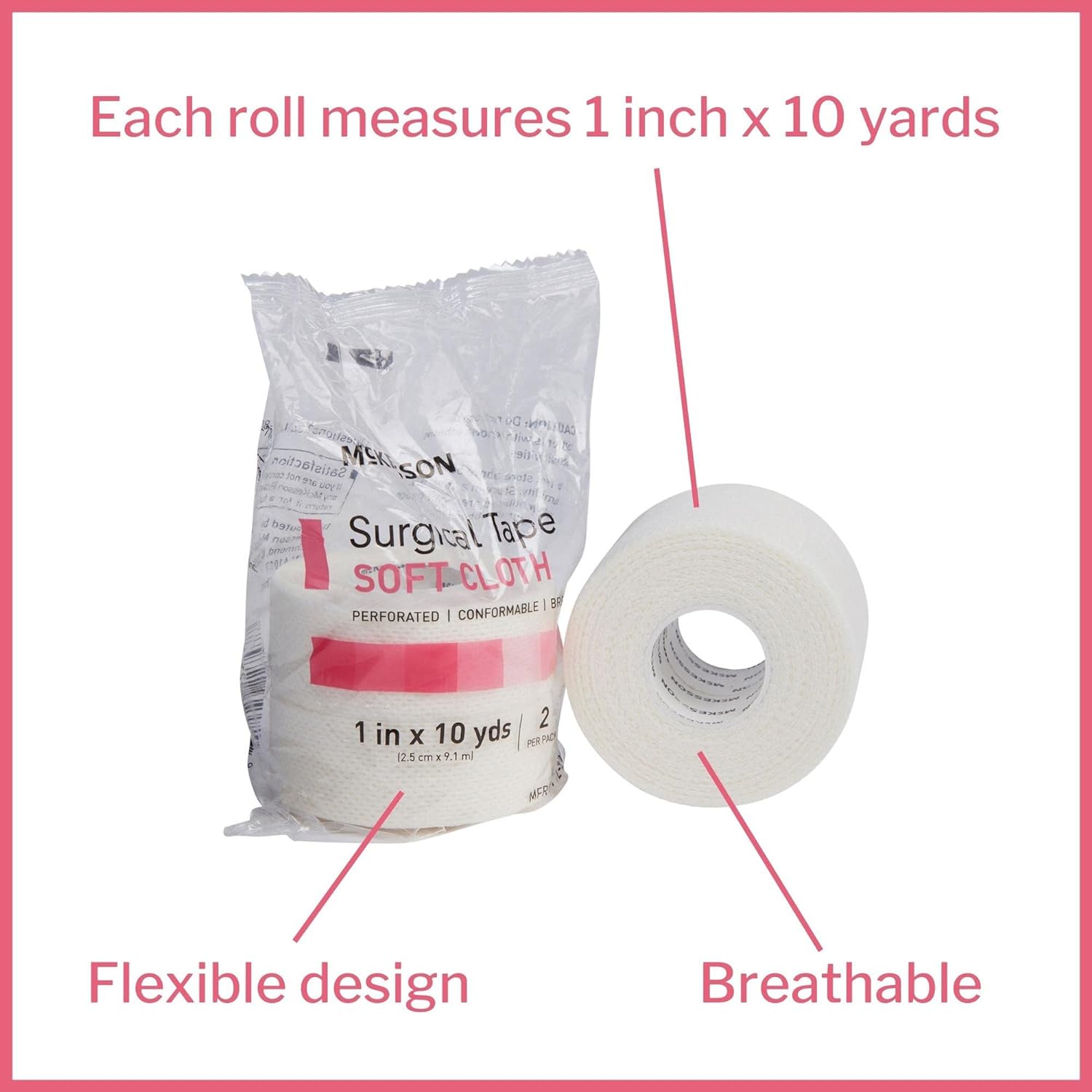 McKesson Surgical Tapes, Non-Sterile, Soft Cloth, Breathable, 1 in x 10 yd, 2 Rolls, 1 Pack