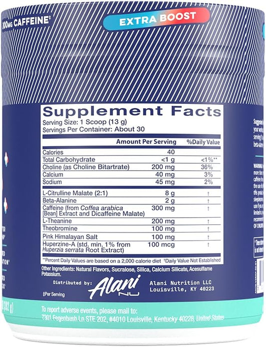 Alani Nu Pre Workout+ Powder Frozen Lemonade, Extra Boost, Sugar Free, 300Mg Caffeine, L-Theanine, Beta-Alanine, Citrulline, 30 Servings