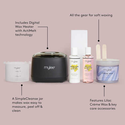 Mylee Creme De La Creme Wax Kit - Complete Professional Home Waxing Set For Silky Smooth Skin, Includes Digital Wax Heater, Lilac Soft Crème Wax, Paper Strips, Waxing Spatulas, Pre & After Care Gel
