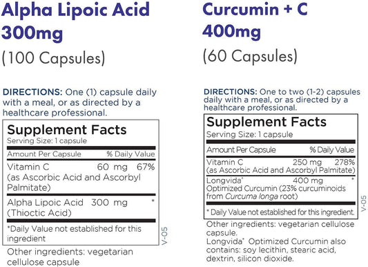 Metabolic Maintenance Set With Alpha Lipoic Acid - 300Mg Ala, Supports Nerve + Liver Health (100 Capsules) + Curcumin + Vitamin C (Longvida) Supplement, Supports Healthy Brain Function (60 Capsules)