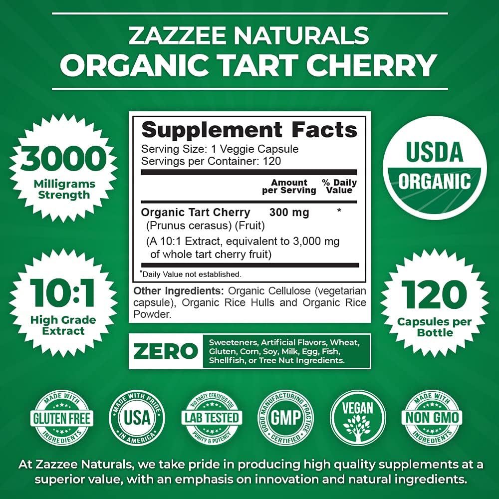 Zazzee USDA Organic Tart Cherry 10:1 Extract, 3000 mg Strength, 120 Ve