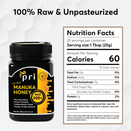 P.R.I Manuka Honey, Mgo 300+, 1.1Lb New Zealand Raw Manuka Honey (500G)