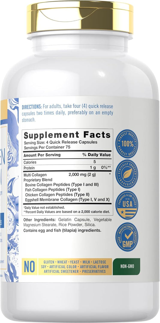 Carlyle Multi Collagen Protein Capsules 2000Mg | 300 Count | Type I, Ii, Iii, V, X | Collagen Peptide Pills | Keto & Paleo Friendly, Gluten Free, Non-Gmo Supplement