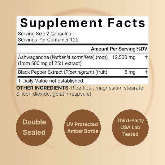 Naturebell Ashwagandha 12,500 Mg Equivalent With Black Pepper, 240 Capsules | High Absorption Complex β Extra Strength 25:1 Root Extract β Adaptogens Supplements For Relaxation β Non-Gmo