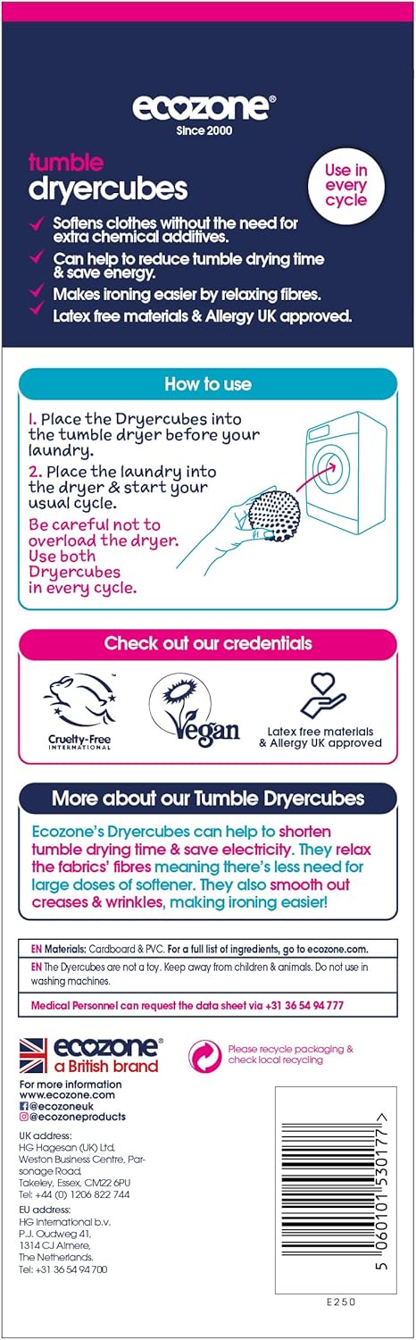 Ecozone Dryer Cubes, 2 X 3-In-1 Square Shaped Rubber Tumble Dryer Machine Laundry Balls, Softens Clothes & Reduces Drying Time, Vegan & Non Toxic Eco-Friendly, Energy Saving – Set Of 2