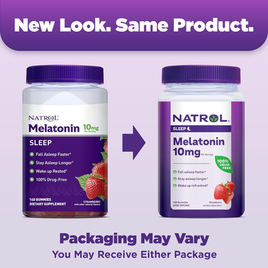 Natrol 10Mg Melatonin Gummies, Sleep Support For Adults, Melatonin Supplements For Sleeping, 140 Strawberry-Flavored Gummies, 70 Day Supply