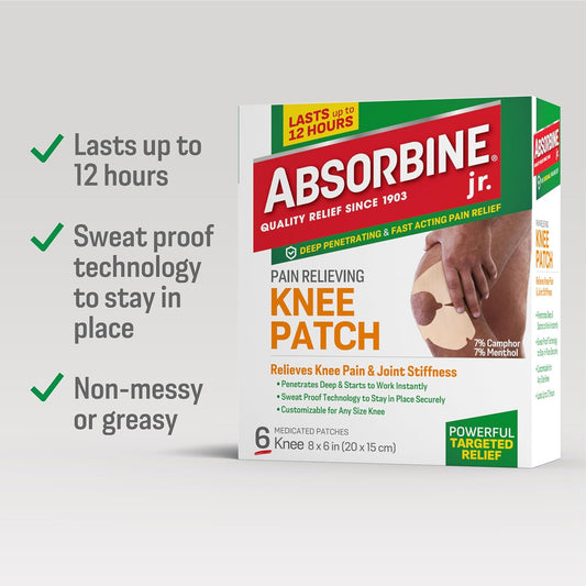 Absorbine Jr. Knee Pain Relief Patches, Pain Patch With Menthol For Knee Pain, Cramps And Joint Pain, 6 Count, White
