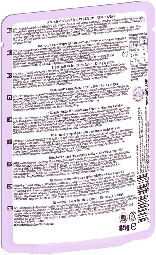 Aatu 97/3 Wet Cat Food - Chicken & Quail (10X85G) - Grain Free Recipe With No Artificial Ingredients - Easy Tear Pouches