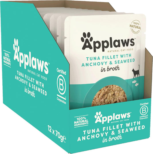 Applaws 100% Natural Wet Cat Food, Tuna Fillet With Anchovy In Broth, Pack Of 12 X 70G Pouches9100946