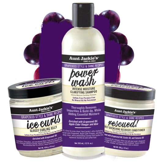 Aunt Jackie'S Grapeseed Collection Perfect Intense Define, Power Wash, Rescued And Ice Curls, Combo Hydrates & Softens With Almond Oil, Marshmallow Root, Purple, Pack Of 3