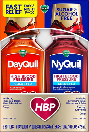 Vicks Dayquil And Nyquil High Blood Pressure Cold And Flu Relief Liquid Medicine Combo Pack, Multi-Symptom Daytime And Nighttime Relief For Cold, Cough, Flu Symptoms, Alcohol No, 2 X 8 Fl Oz Bottles
