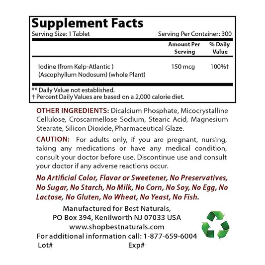 Best Naturals, Kelp 150 mcg (A Natural Source of Iodine), 300 Tablets