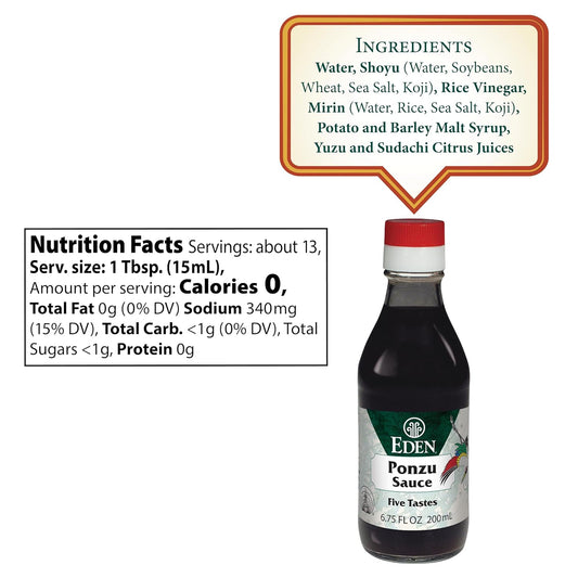 Eden Ponzu Sauce, Premium Traditional Five Flavor Umami Seasoning Made In Japan, Yuzu And Sudachi Juice, 6.75 Fl Oz Glass Bottle