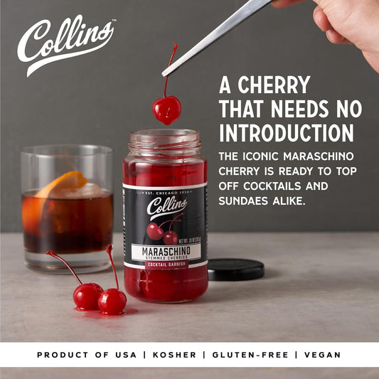 Collins Stemmed Maraschino Cocktail Cherries - Royal Anne Cherries Garnish For Cocktails, Manhattan And Old Fashioned Mix, 10Oz Black